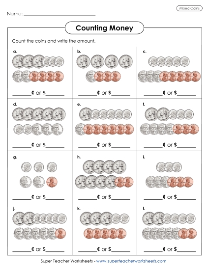 Coins Only (No Bills) - Counting Mixed Coins 2 (Printable PDF Worksheet)