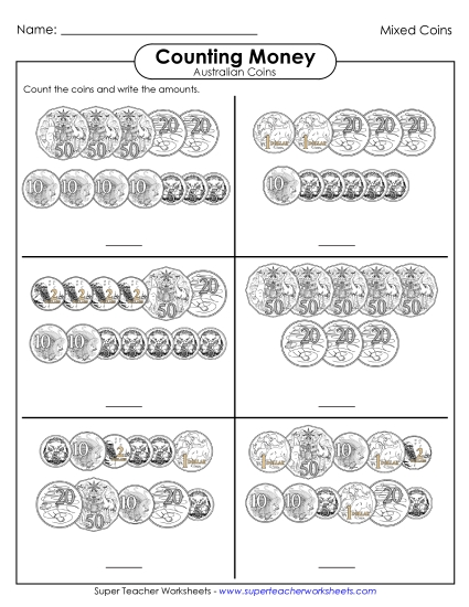 Mixed Coins (Intermediate Level) - Counting Mixed Coins (Printable PDF Worksheet)