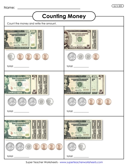 Amounts Up to $50 - Counting Money 2 (Up to $50) (Printable PDF Worksheet)