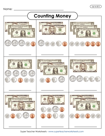 Amounts Up to $12 - Counting Money 3 (Up to $12) (Printable PDF Worksheet)