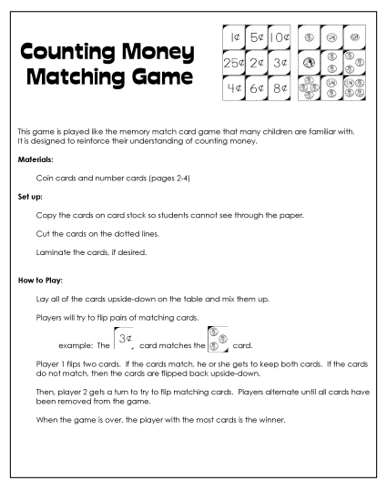 Games, Puzzles, Task Cards - Counting Money Memory Game (Basic) (Printable PDF Worksheet)