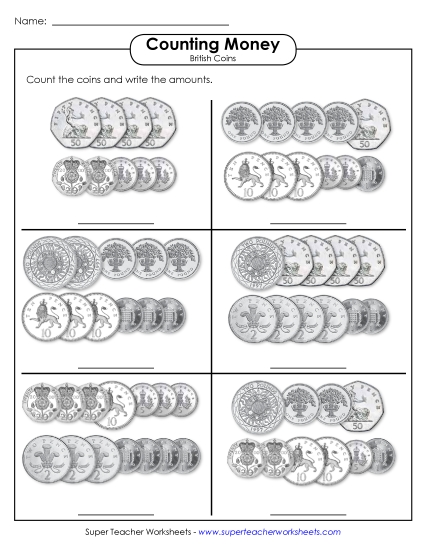 Pre-2008 Coins - Counting Money (Old UK Coins) (Printable PDF Worksheet)