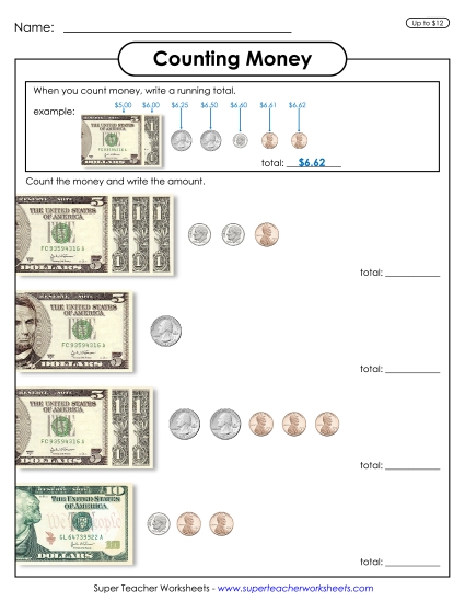 Amounts Up to $12 - Counting Money With a Running Total (Printable PDF Worksheet)