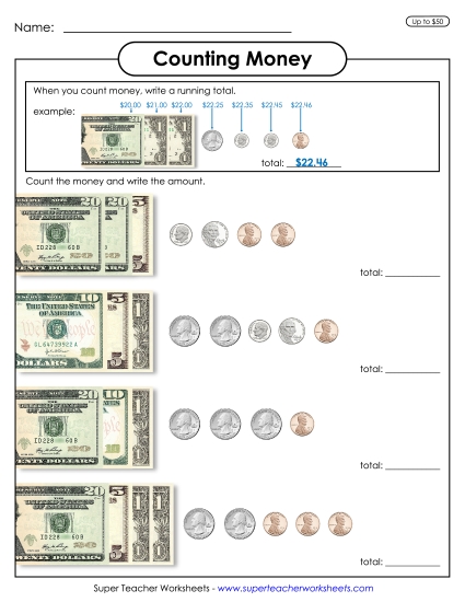 Amounts Up to $50 - Counting Money With a Running Total (Up to $50) (Printable PDF Worksheet)