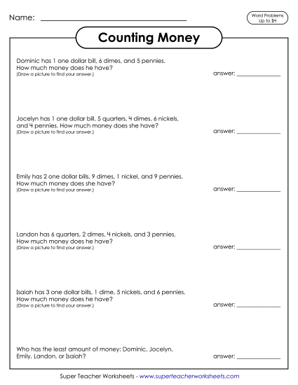 Amounts Up to $4 - Counting Money Word Problems (Printable PDF Worksheet)