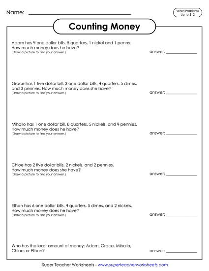 Amounts Up to $12 - Counting Money Word Problems (Printable PDF Worksheet)