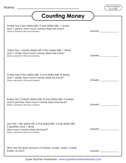 Amounts Up to $50 - Counting Money Word Problems (Printable PDF Worksheet)
