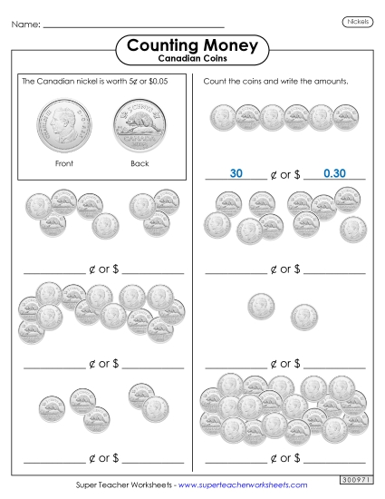 Basic (Single Coins & Bills) - Counting Nickels (Printable PDF Worksheet)