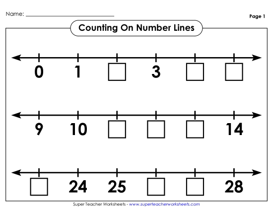 Counting Number Lines - Counting On a Number Line (Printable PDF Worksheet)