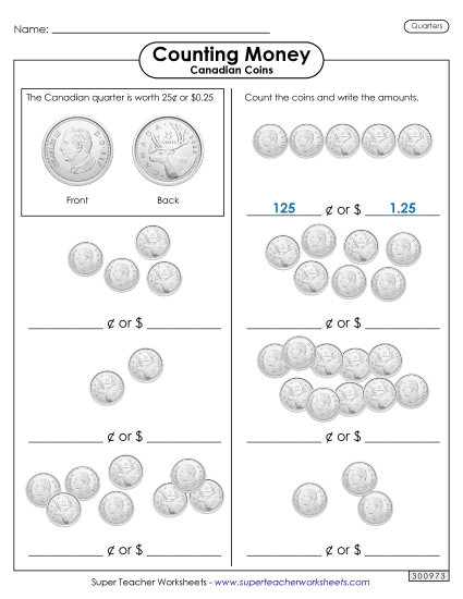 Basic (Single Coins & Bills) - Counting Quarters (Printable PDF Worksheet)