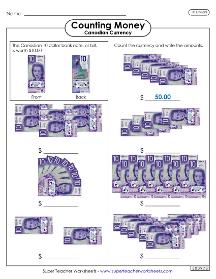 Basic (Single Coins & Bills) - Counting Tens (Printable PDF Worksheet)
