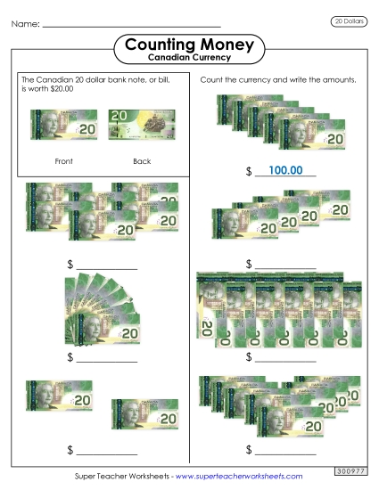 Basic (Single Coins & Bills) - Counting Twenties (Printable PDF Worksheet)