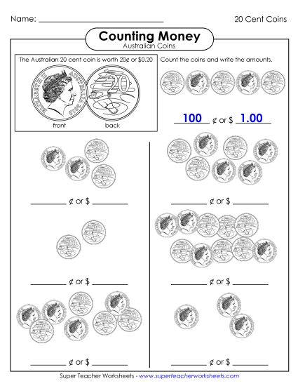 Single Coins (Very Basic Level) - Counting Twenty Cent Coins (Printable PDF Worksheet)