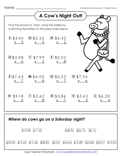 Multiplication - Cow's Night Out (Multiply 3-Dig by 1-Dig Money)  (Printable PDF Worksheet)