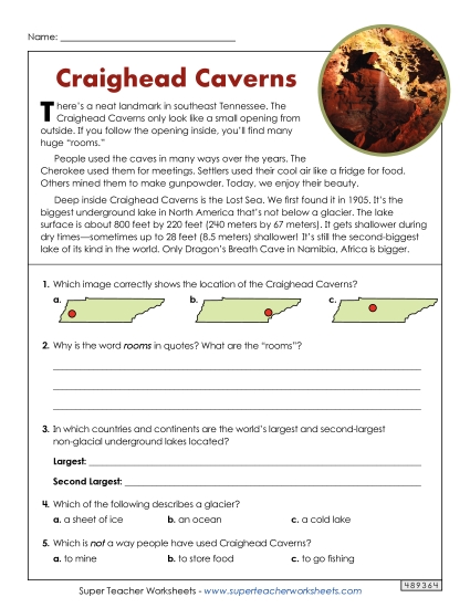 Reading Comprehension - Craighead Caverns (Short Article) (Printable PDF Worksheet)
