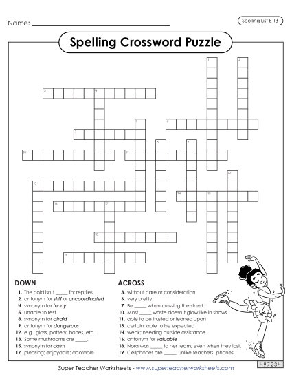 Printable Worksheets - Crossword (E-13) (Printable PDF Worksheet)