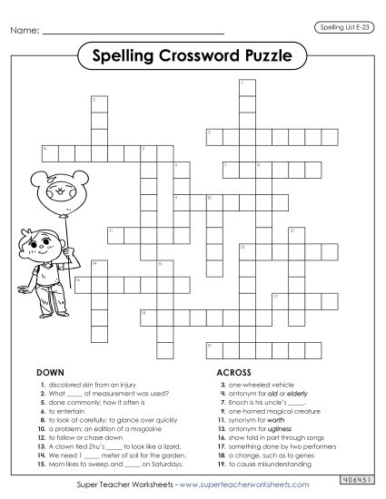 Printable Worksheets - Crossword (E-23) (Printable PDF Worksheet)
