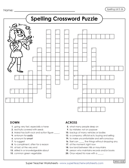 Printable Worksheets - Crossword (E-26) (Printable PDF Worksheet)