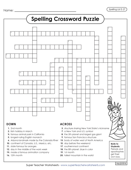 Printable Worksheets - Crossword (E-27) (Printable PDF Worksheet)