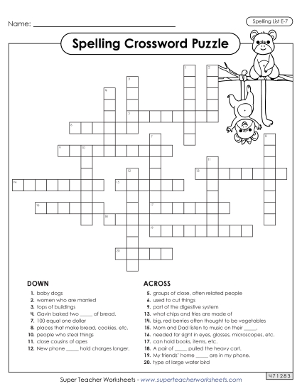 Printable Worksheets - Crossword (E-7) (Printable PDF Worksheet)