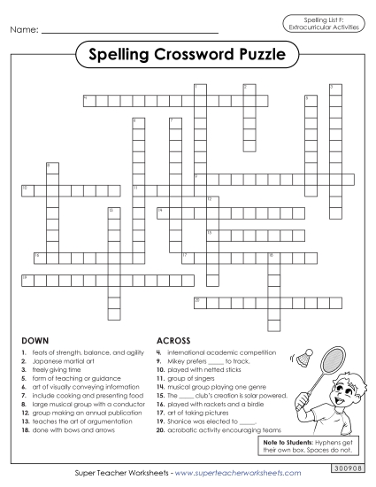 Worksheets and Puzzles - Crossword (Extracurriculars) (Printable PDF Worksheet)