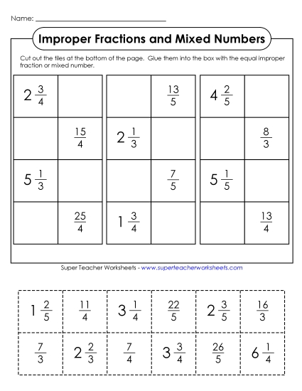 Improper Fractions and Mixed Numbers - Cut-and-Glue #1 (Printable PDF Worksheet)