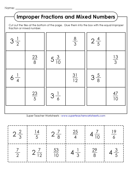 Improper Fractions and Mixed Numbers - Cut-and-Glue #2 (Printable PDF Worksheet)