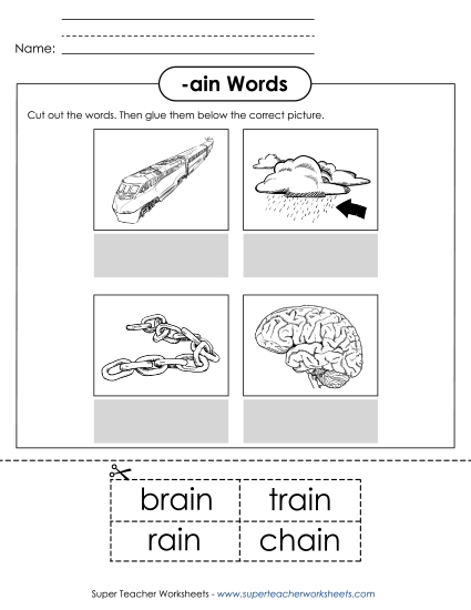 Worksheets - Cut and Glue (-ain) (Printable PDF Worksheet)