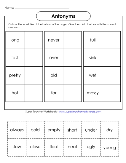 Antonyms - Cut & Glue Antonyms (Basic) (Printable PDF Worksheet)