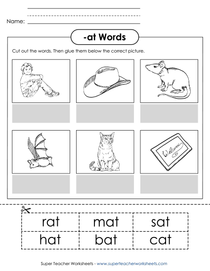 Worksheets - Cut and Glue (-at) (Printable PDF Worksheet)