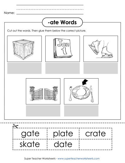 Worksheets - Cut and Glue (-ate) (Printable PDF Worksheet)