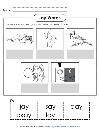 Worksheets - Cut and Glue (-ay) (Printable PDF Worksheet)