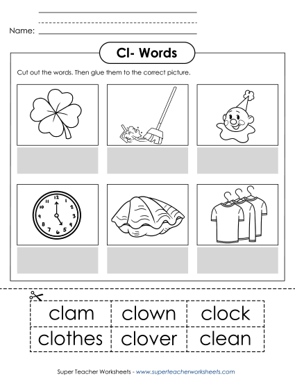 Cut and Glue Activities - Cut and Glue (Cl- Words)  (Printable PDF Worksheet)