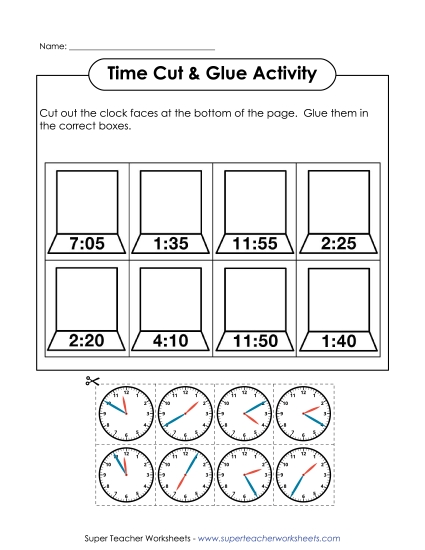 Reading Clocks: Nearest 5 Minutes - Cut & Glue Clocks (Printable PDF Worksheet)