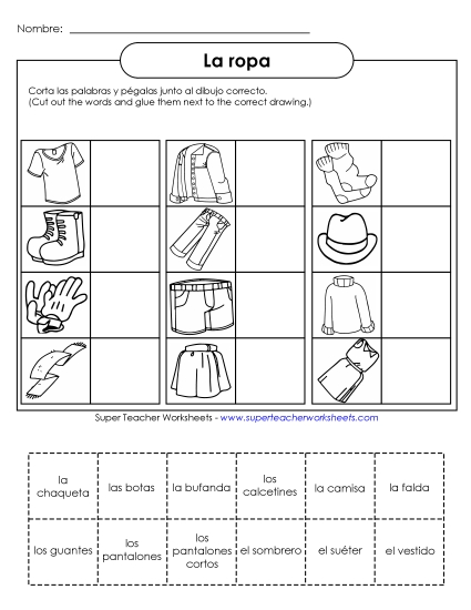 Clothing (Las ropas) - Cut-and-Glue: Clothes (Printable PDF Worksheet)