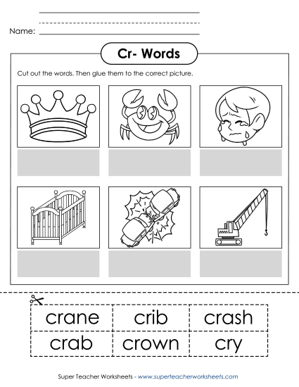 Cut and Glue Activities - Cut and Glue (Cr- Words)  (Printable PDF Worksheet)