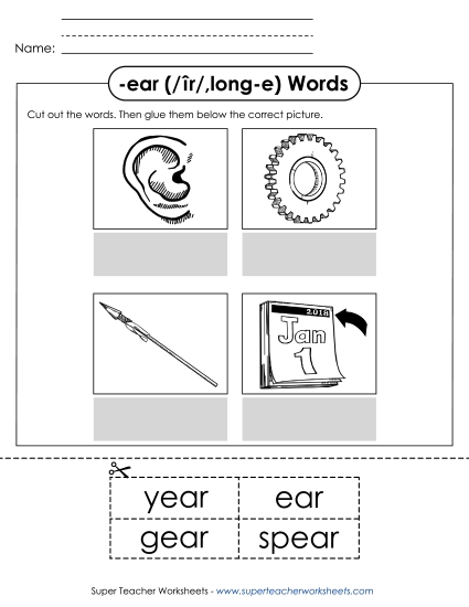 Worksheets - Cut and Glue (-ear) (Printable PDF Worksheet)