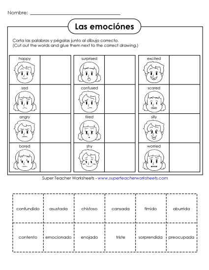 Feelings/Emotions (Sentimientos/Emociones) - Cut & Glue: Feelings/Emotions (Printable PDF Worksheet)