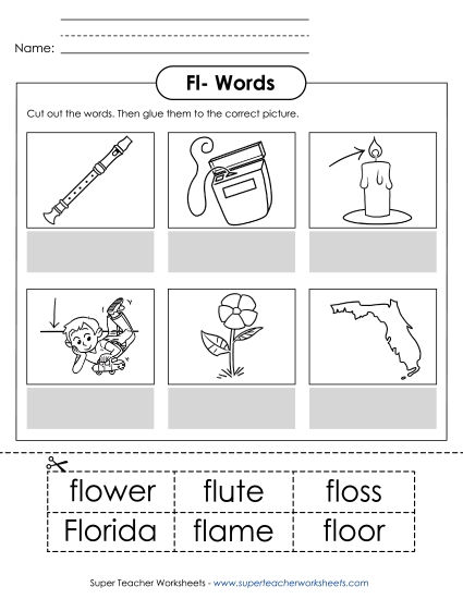 Cut and Glue Activities - Cut and Glue (Fl- Words) (Printable PDF Worksheet)