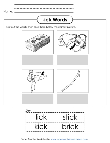 Worksheets - Cut and Glue (-ick) (Printable PDF Worksheet)