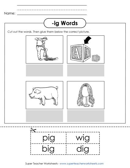 Worksheets - Cut and Glue (-ig) (Printable PDF Worksheet)