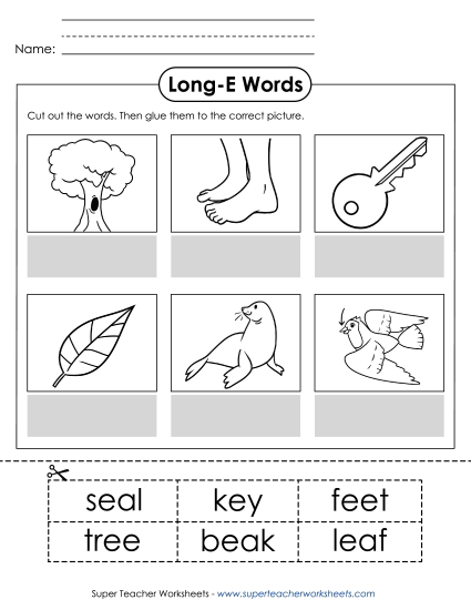 Cut and Glue Activities - Cut-and-Glue (Long E Words) (Printable PDF Worksheet)