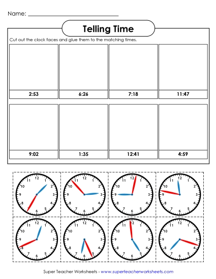 Reading Clocks: Nearest Minute - Cut & Glue - Nearest Minute (Printable PDF Worksheet)
