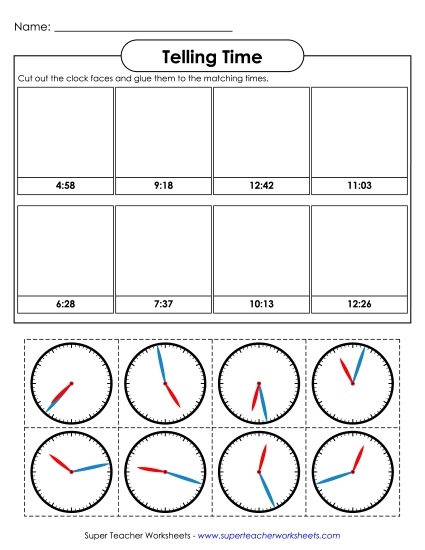 No Numbers on Clock Faces (Advanced) - Cut & Glue - Nearest Minute with No Numbers on Clock Faces (Printable PDF Worksheet)