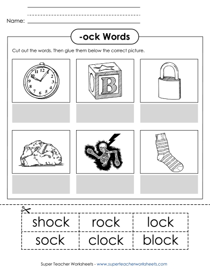 Worksheets - Cut and Glue (-ock) (Printable PDF Worksheet)