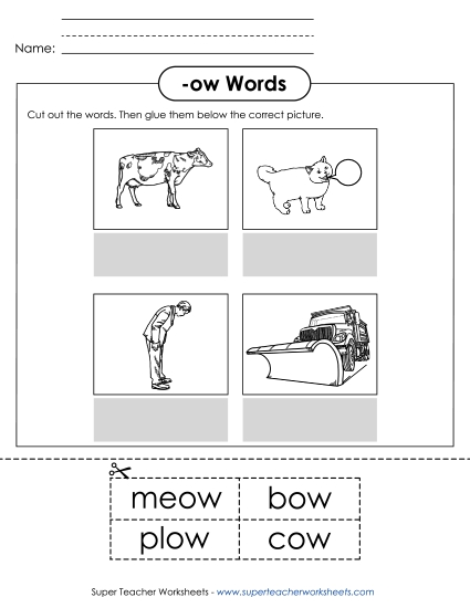 /ow/ Sound (as in Cow) - Cut and Glue (-ow) (Printable PDF Worksheet)