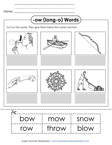 Long-O Sound (as in Grow) - Cut and Glue (-ow) (Printable PDF Worksheet)