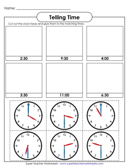 Reading Clocks: Nearest Half Hour - Cut and Glue (Printable PDF Worksheet)