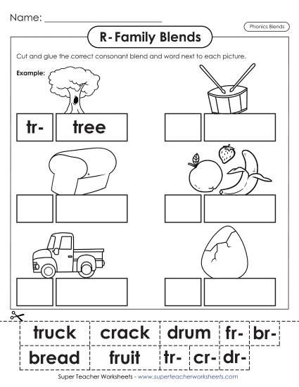 Cut-and-Glue Activities - Cut-and-Glue: R-Family Blends (Printable PDF Worksheet)