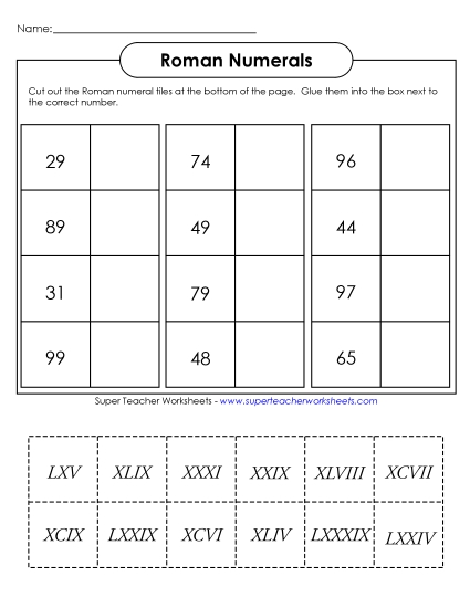 Intermediate (I through C) - Cut-and-Glue: Roman Numerals (Printable PDF Worksheet)